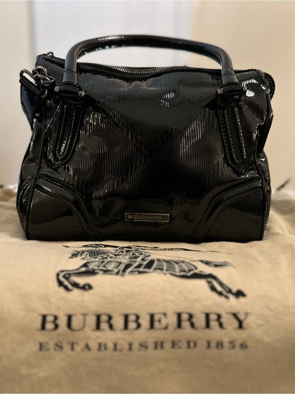 Vintage Burberry Embossed Black Patent Bowling Bag